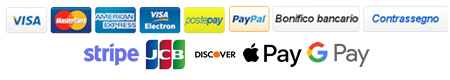 Visa, Mastercard, Amex, PayPal, Stripe, Google Pay, Apple Pay, Bonifico bancario, PostePay, JCB, Discover, GiroPay, SoFort